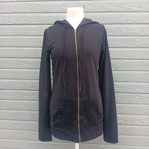 DRESSFO Black Zip-Up Hooded Jacket with Lace Pockets AND